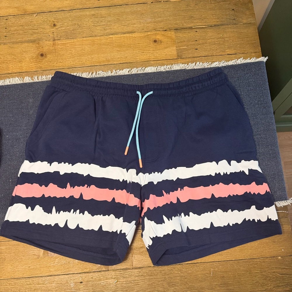 Crown And Ivy Men’s Navy Blue Elastic Waist Shorts w White & Coral Stripes XL